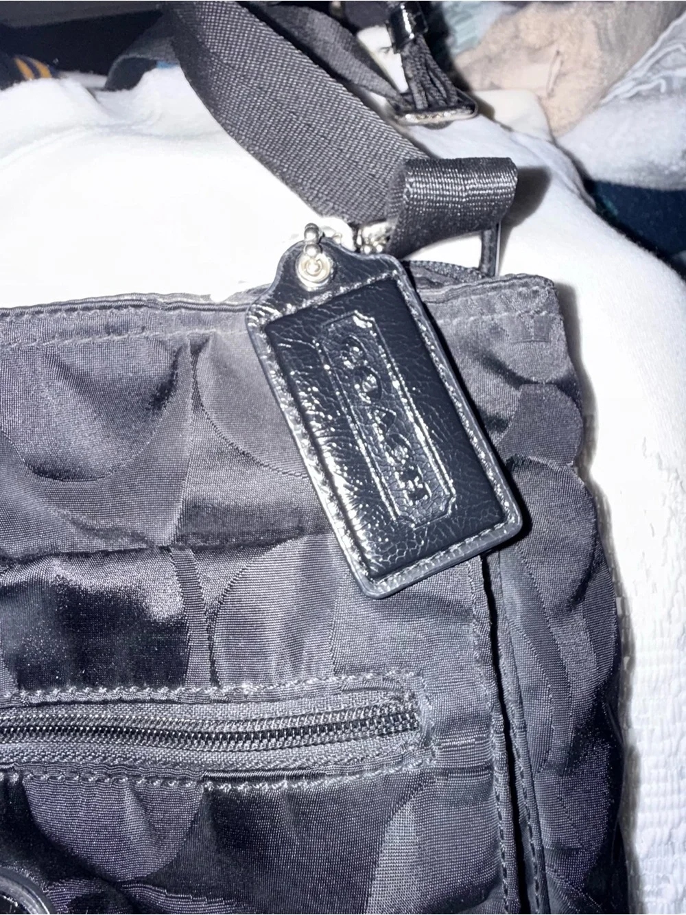 Coach Black Signature Nylon Messenger Bag with Leather Trim